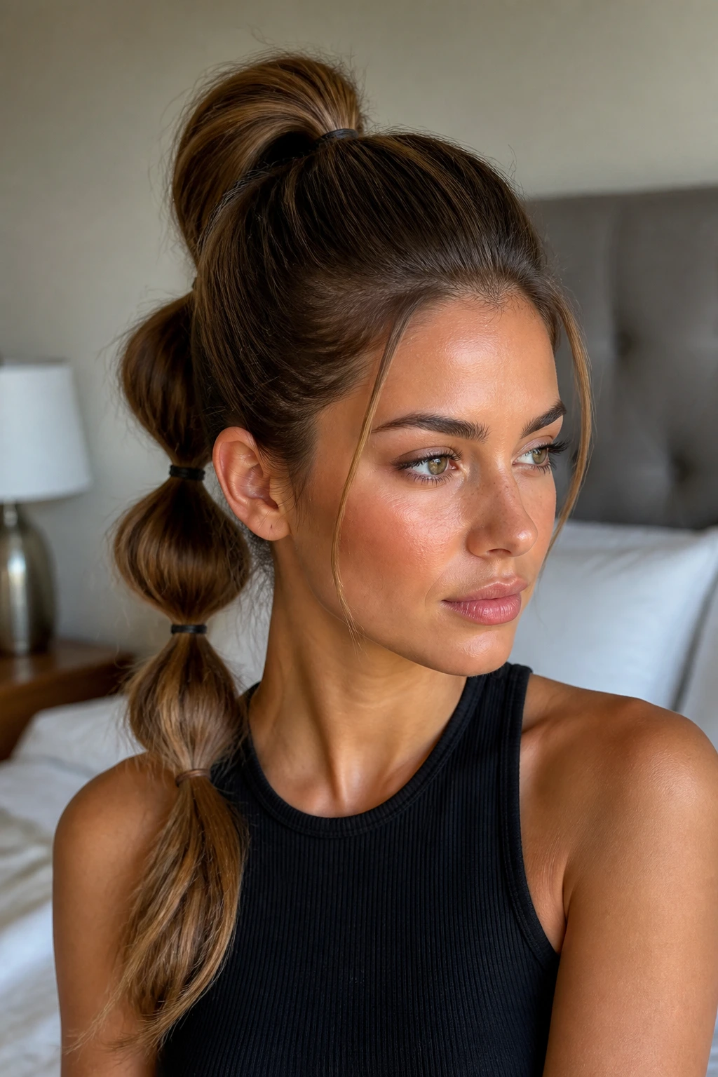 Close-up of real woman's crown with high ponytail and lifted volume