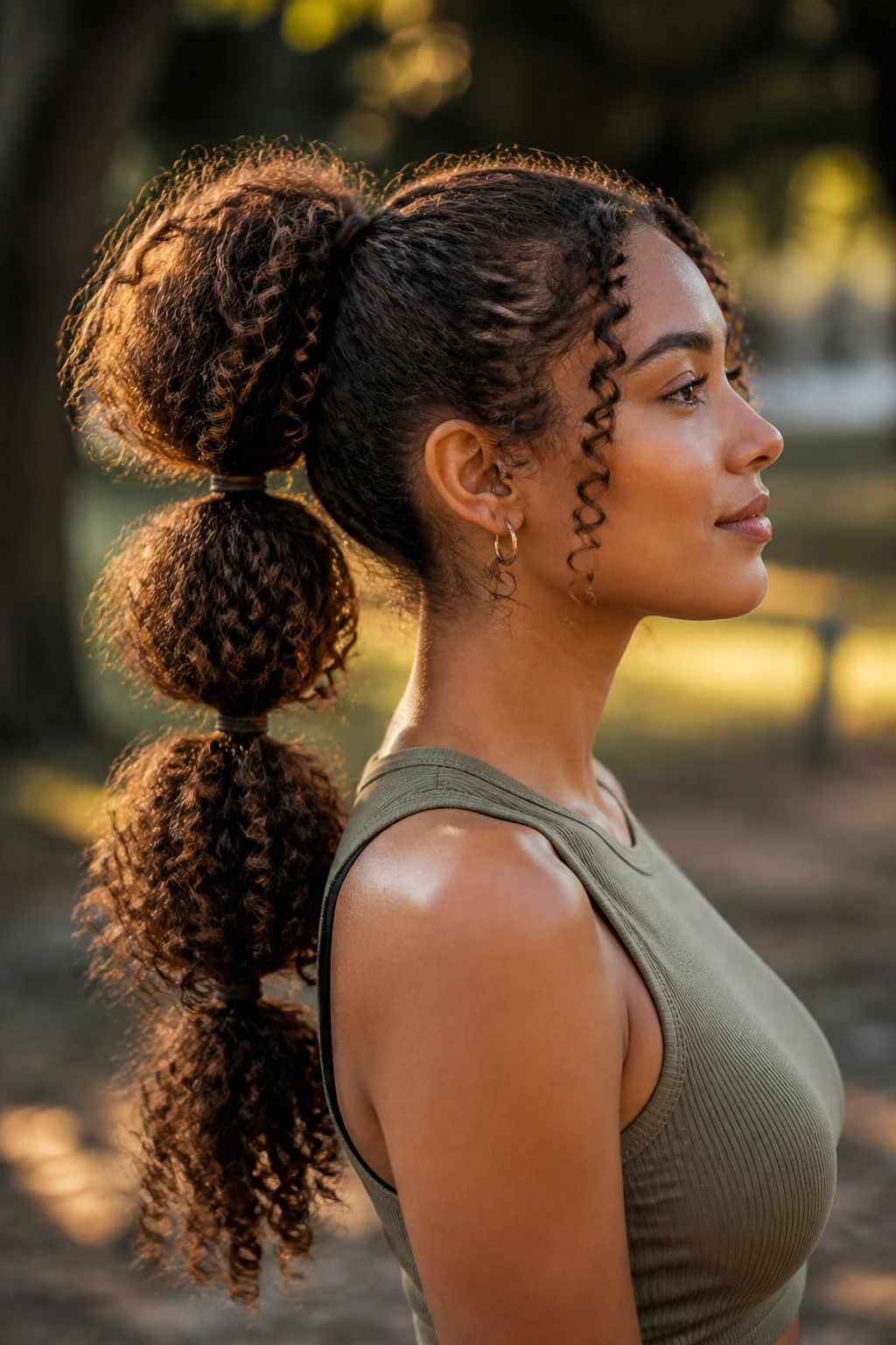 Profile of a real woman with a bubble ponytail showing segmented curls