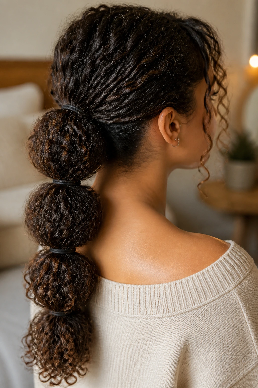 Portrait of a real woman with a curly bubble ponytail showing rounded sections created by elastics