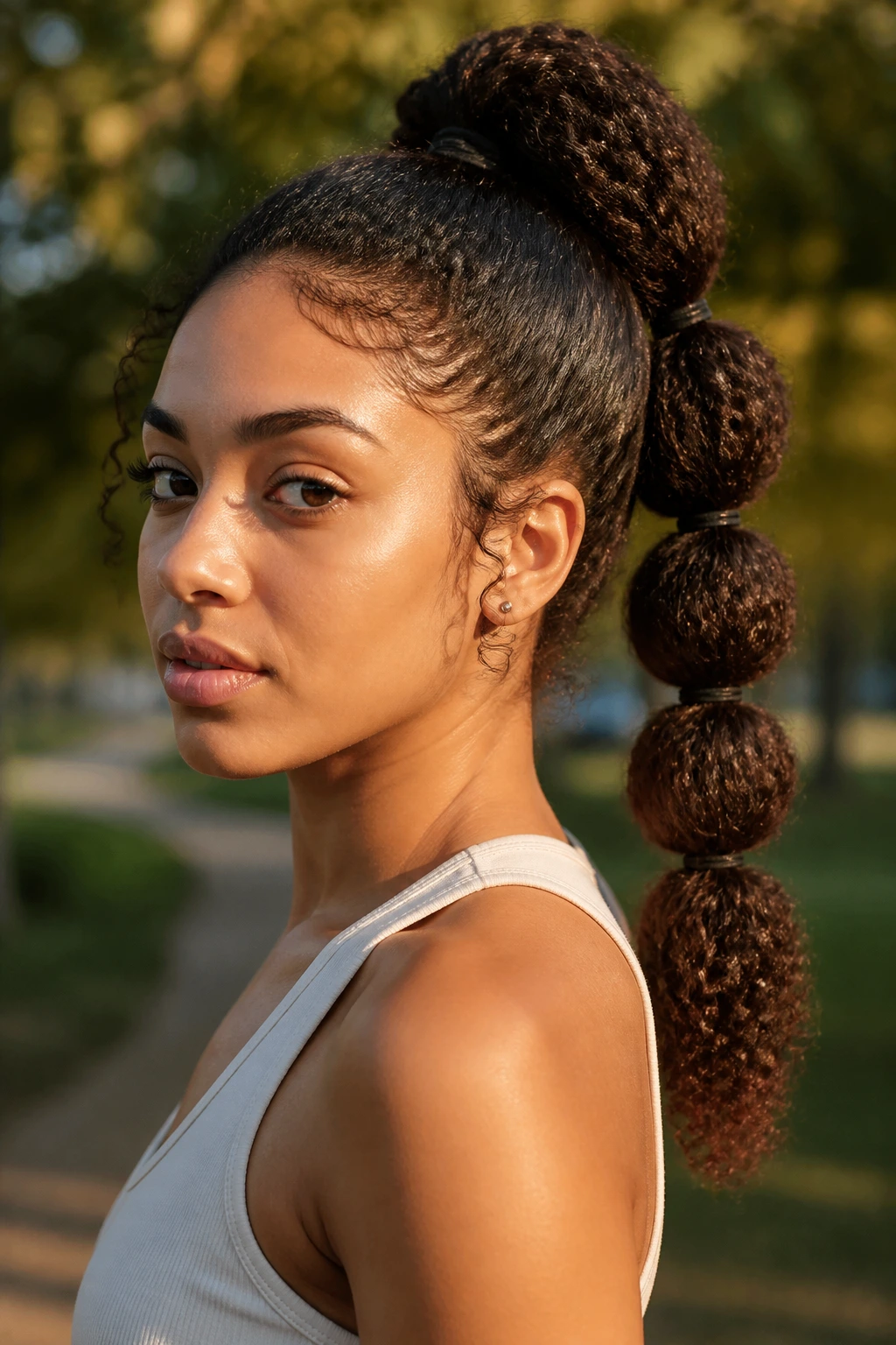 Close-up of a real woman with a bubble ponytail on curls during golden hour