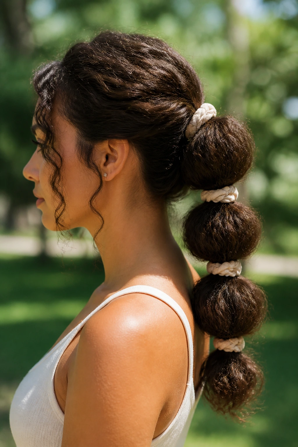 Side profile of a real woman showing a bubble ponytail with wide spacing