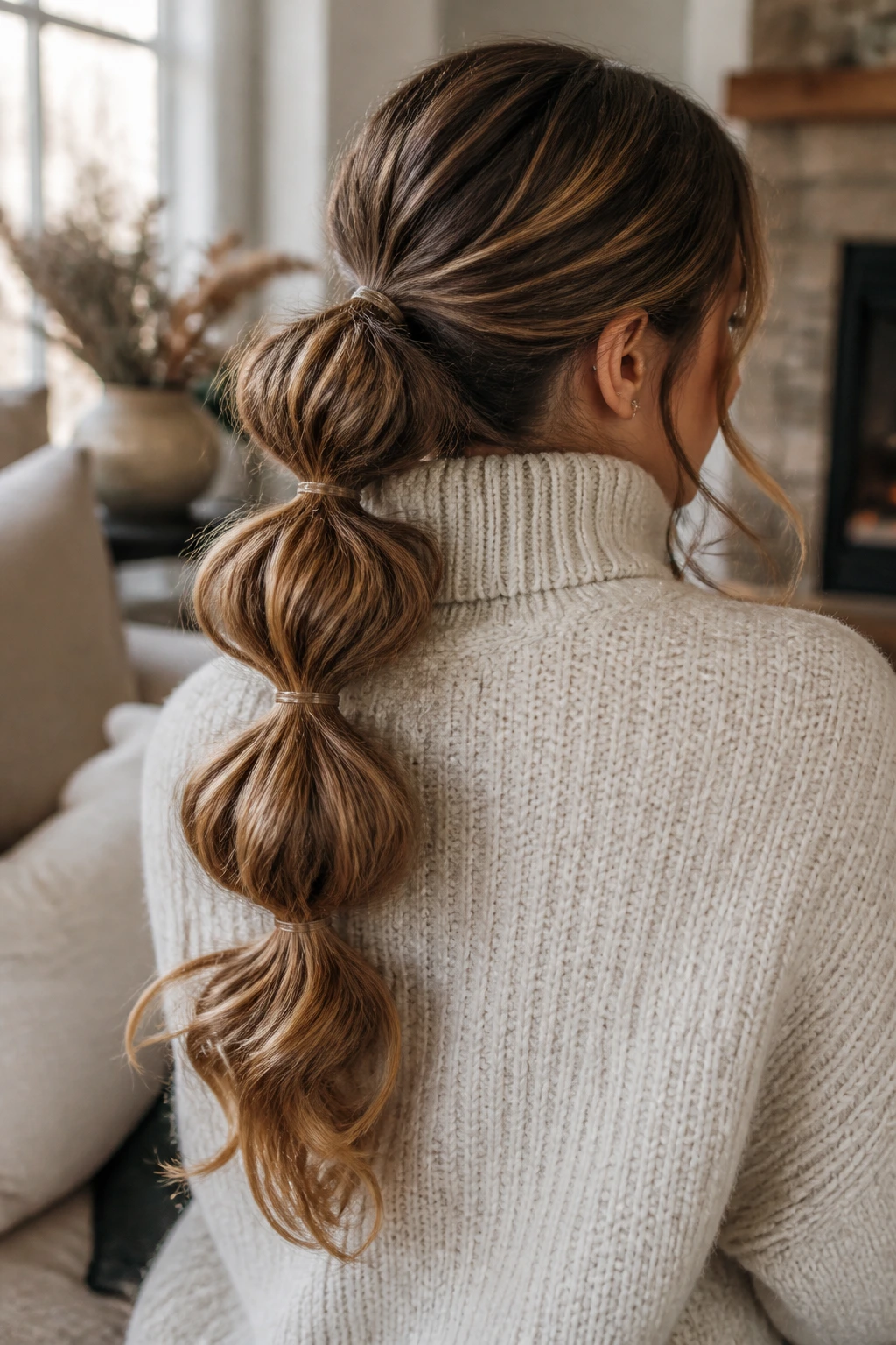 Rear portrait of a woman with a bubble ponytail and curled ends