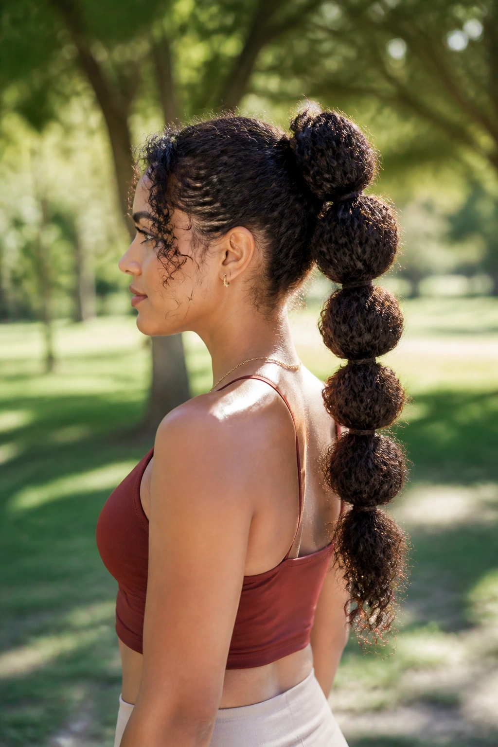 Side profile of a woman with a bubble ponytail on dense curly hair