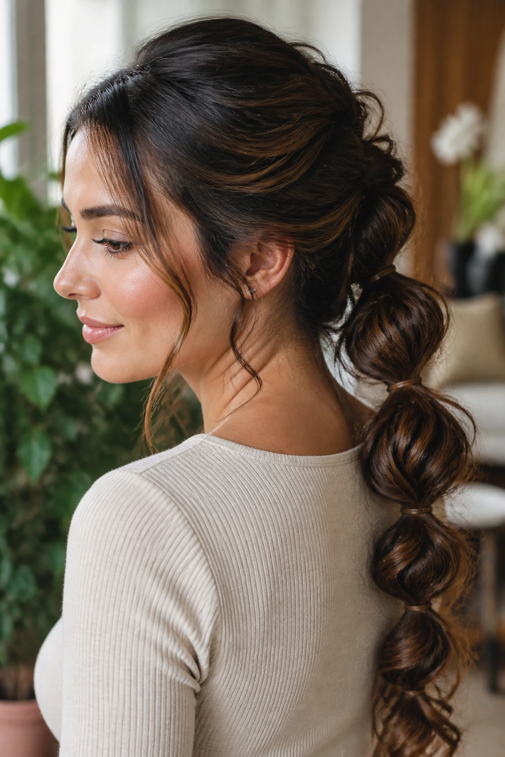 Close-up of a real woman with a bubble ponytail and curled segments
