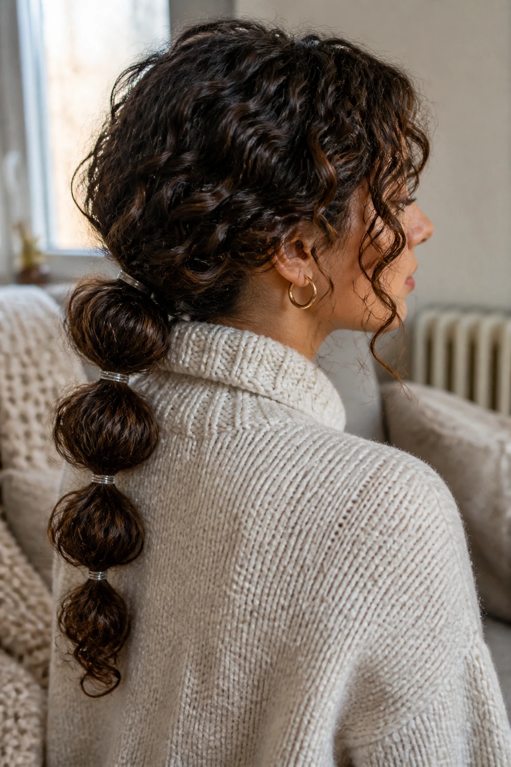 Close-up of a real woman with a bubble ponytail featuring elastic-separated bubbles in curly hair