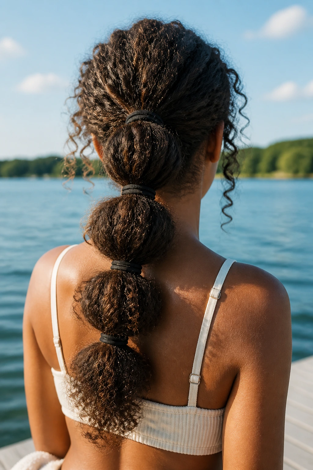 Back view of a real woman with a bubble ponytail and dense curls at the lake