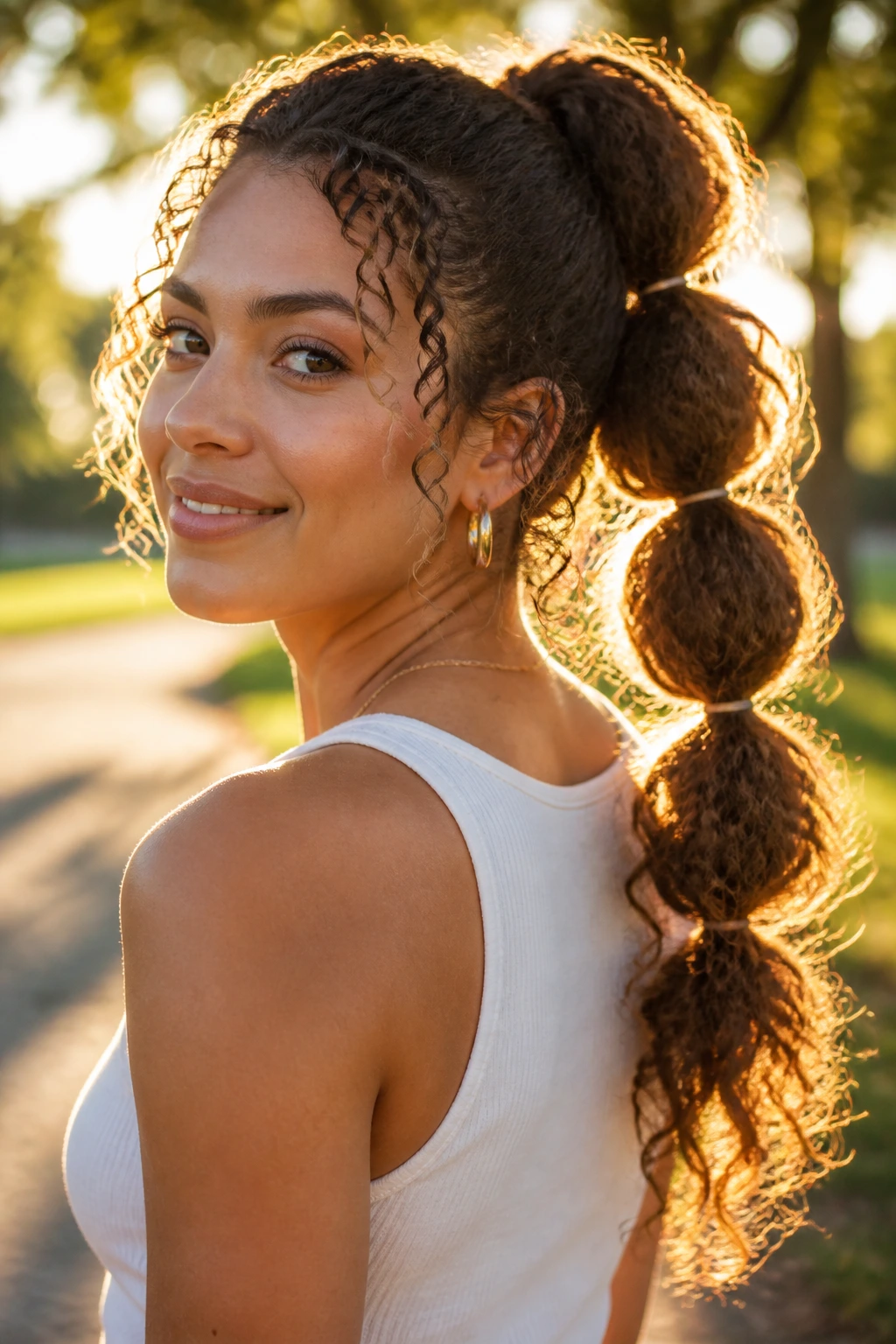 Close-up of a real woman with a bubble ponytail on curly hair in outdoor light