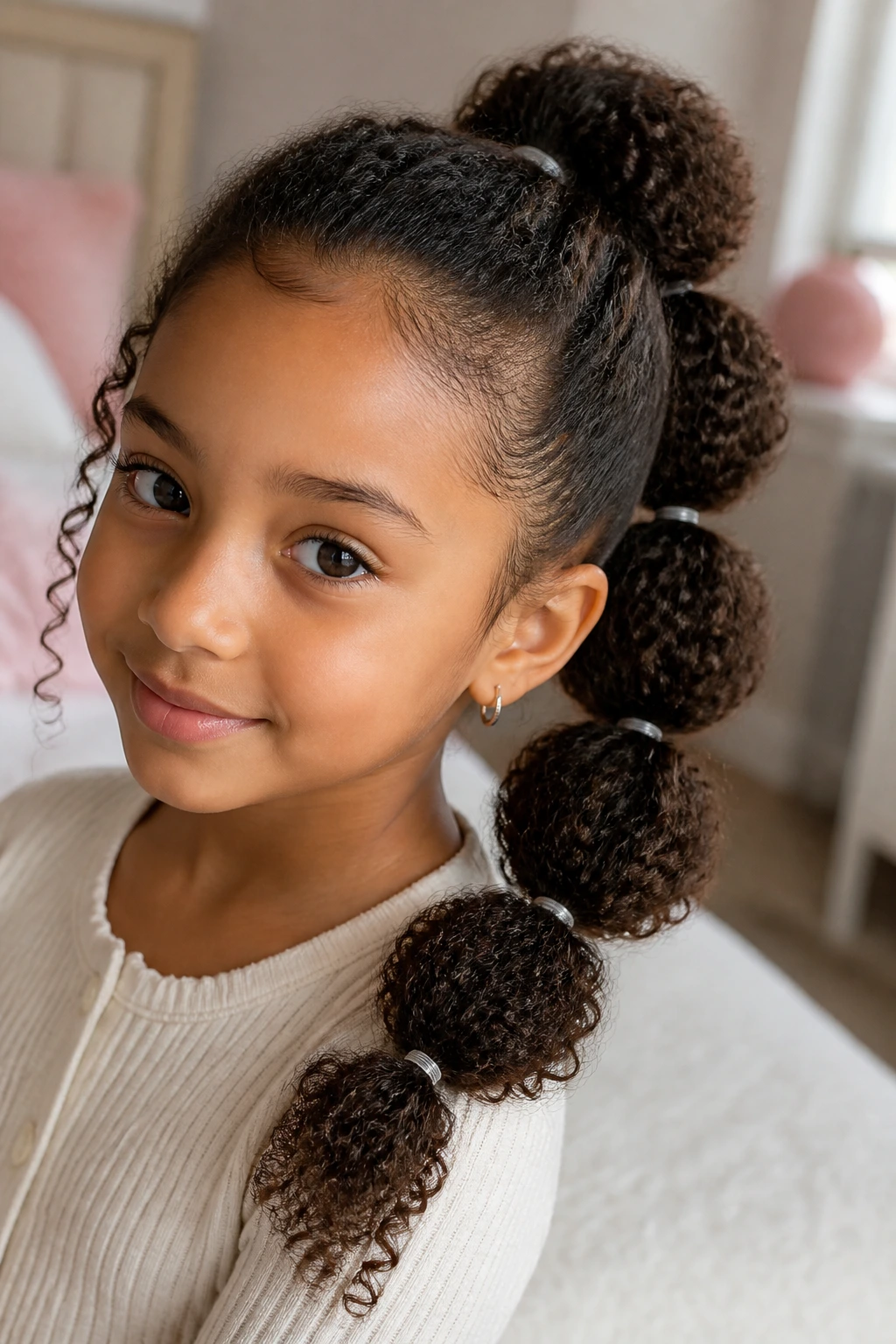 Close-up of a real girl with a bubble ponytail on curly hair, natural window light