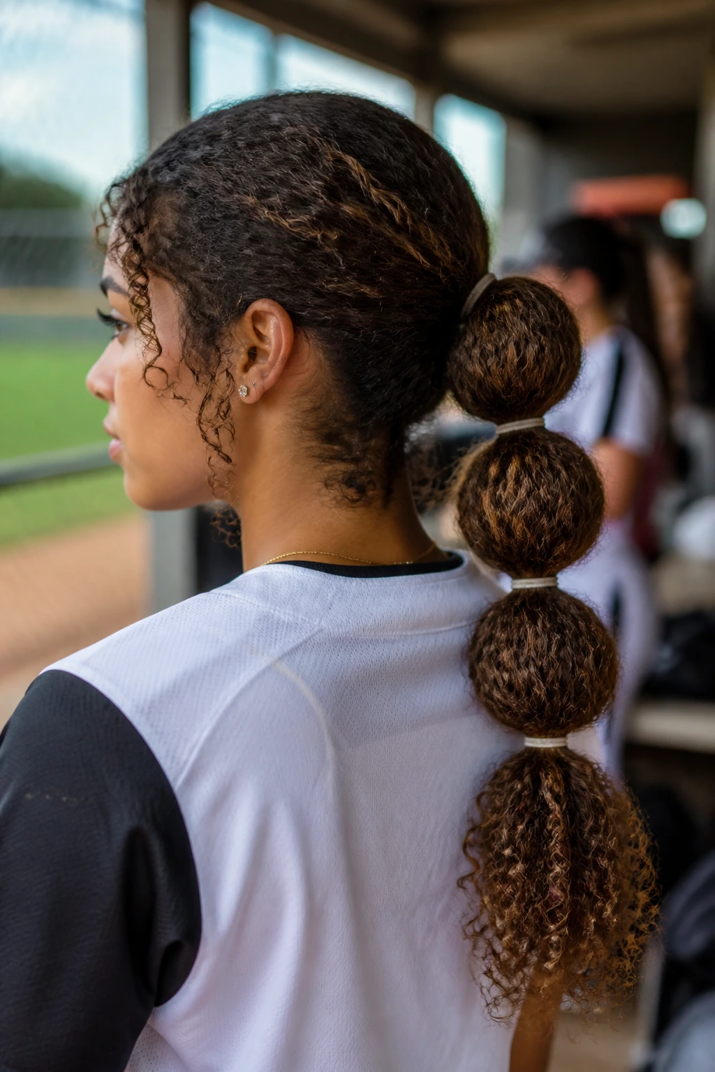 Close-up of a real female softball player with a bubble ponytail with coil ends against a blurred dugout.