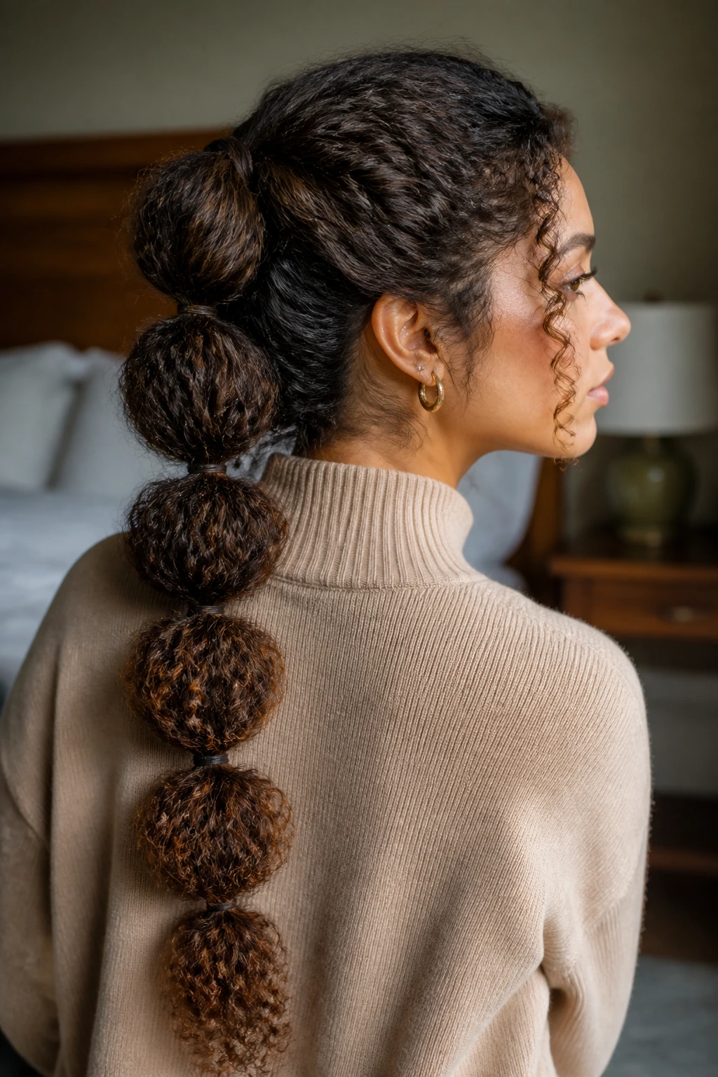 Close-up of a real woman with a bubble ponytail down the back and natural curl texture