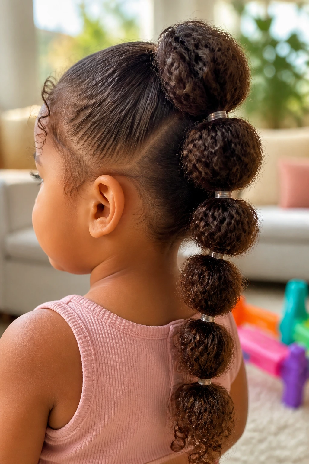Close-up of toddler with curly bubble ponytail