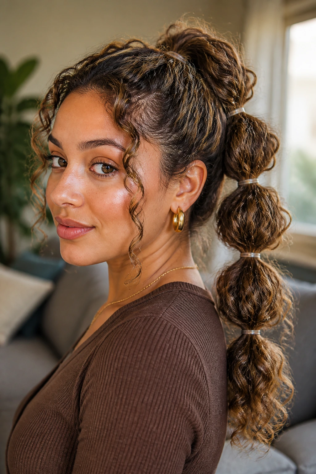 Close-up of a real woman with a bubble ponytail showing round elastic sections and lowlights.