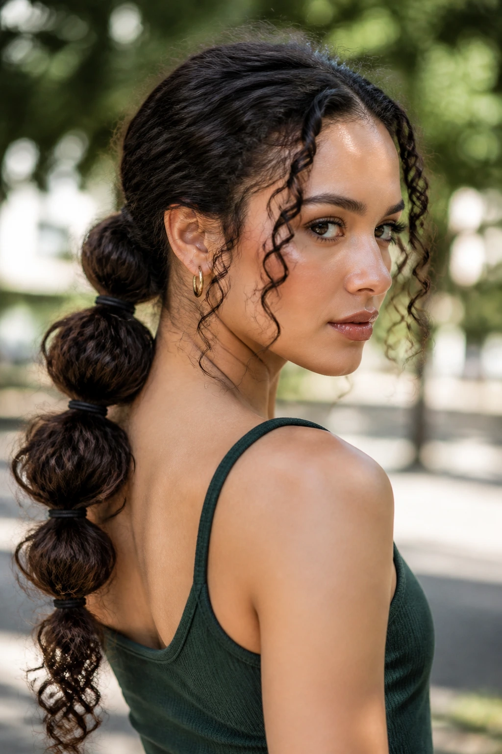 Portrait of a woman displaying a bubble ponytail with curly sections outdoors.