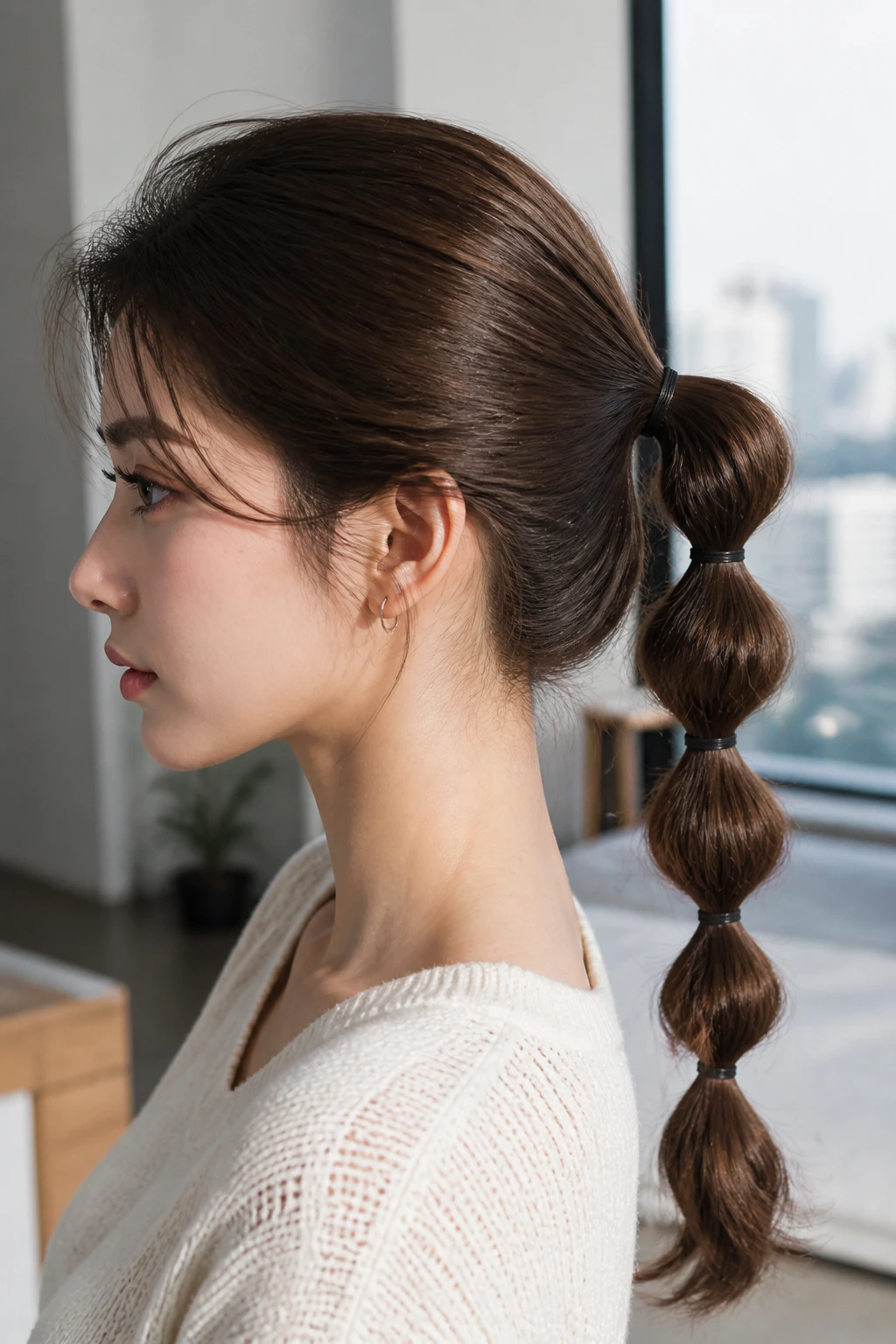 Close-up of a bubble ponytail with mini elastics on a real person