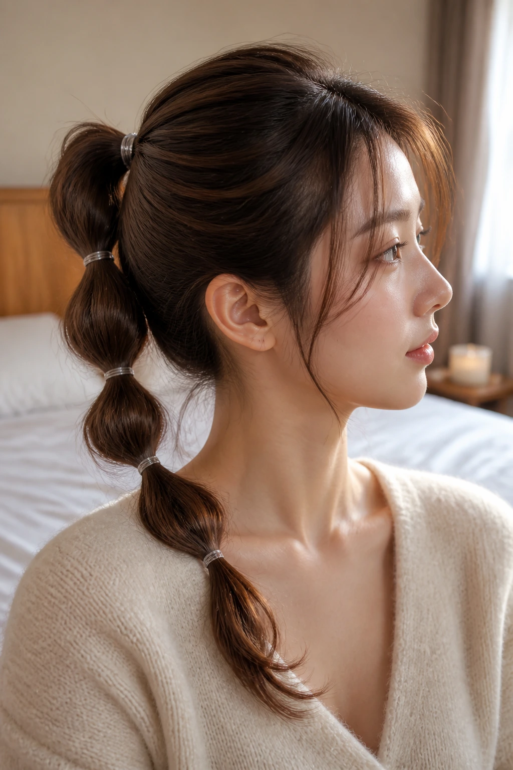 Close-up of a woman with a bubble ponytail and mini elastics in soft bedroom light.