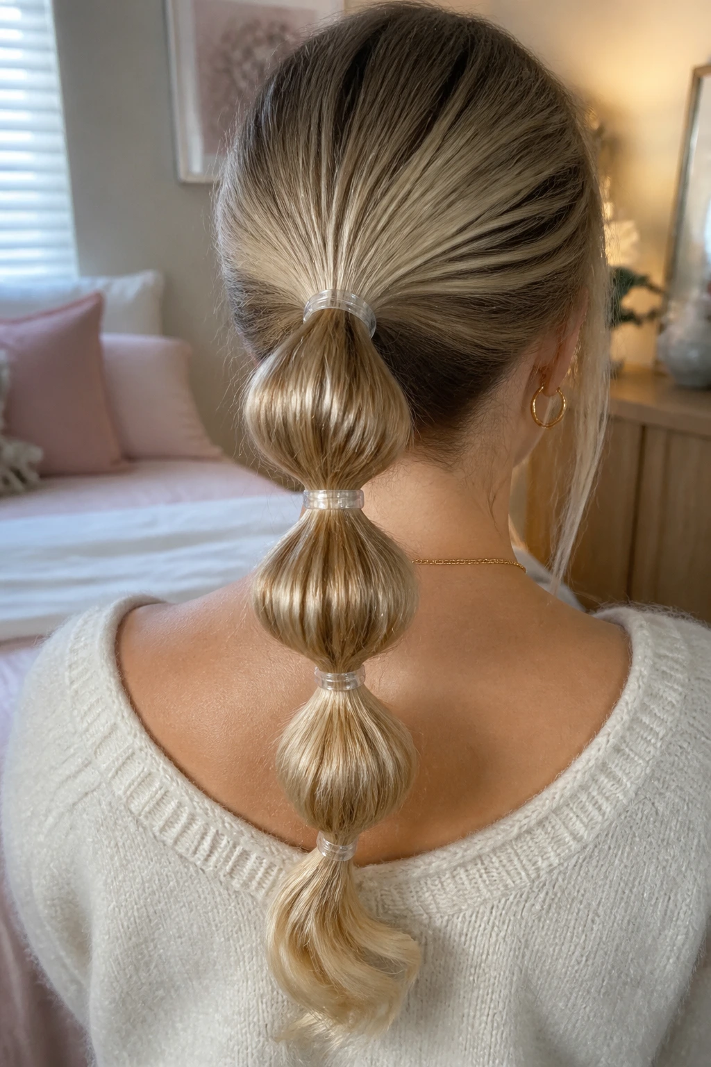 Back-of-head view of a woman with a bubble ponytail and evenly spaced bubbles along the length