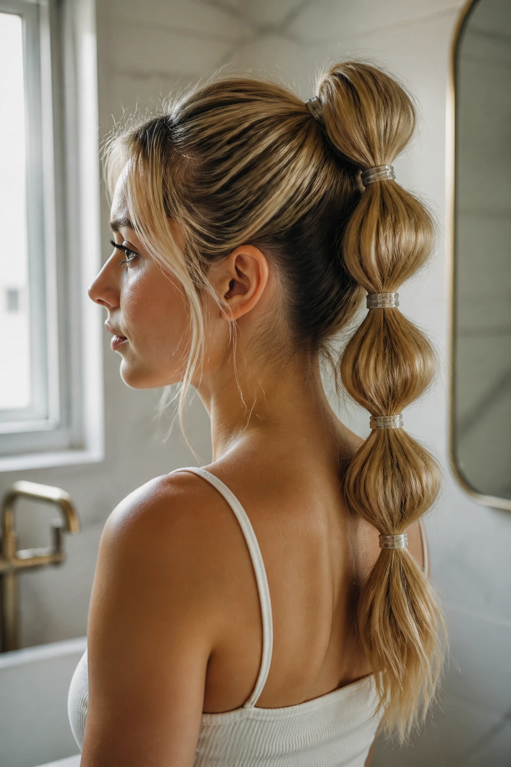Close-up of a real woman's bubble ponytail with clear elastics forming rounded segments