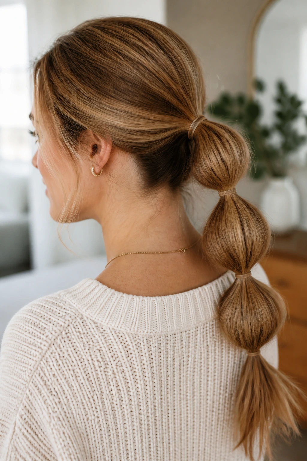 Close-up of real woman with bubble ponytail showing bubbles created by elastics