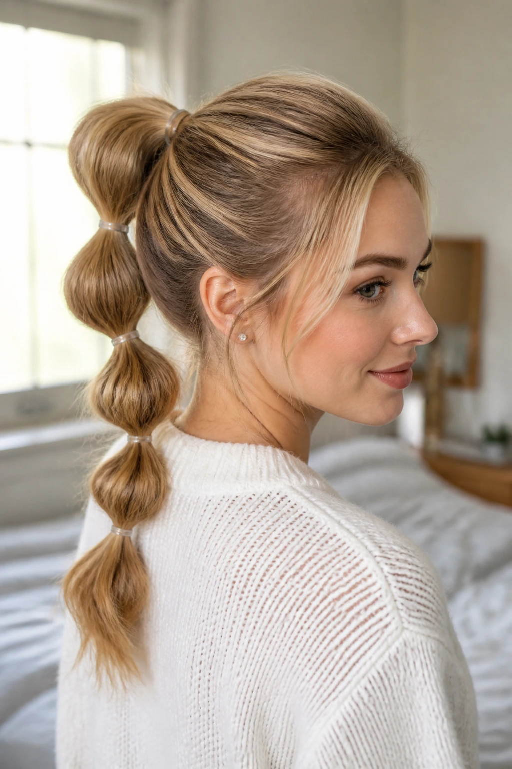 Close-up portrait of a real woman with a bubble ponytail showing segmented bubbles and subtle volume in fine hair
