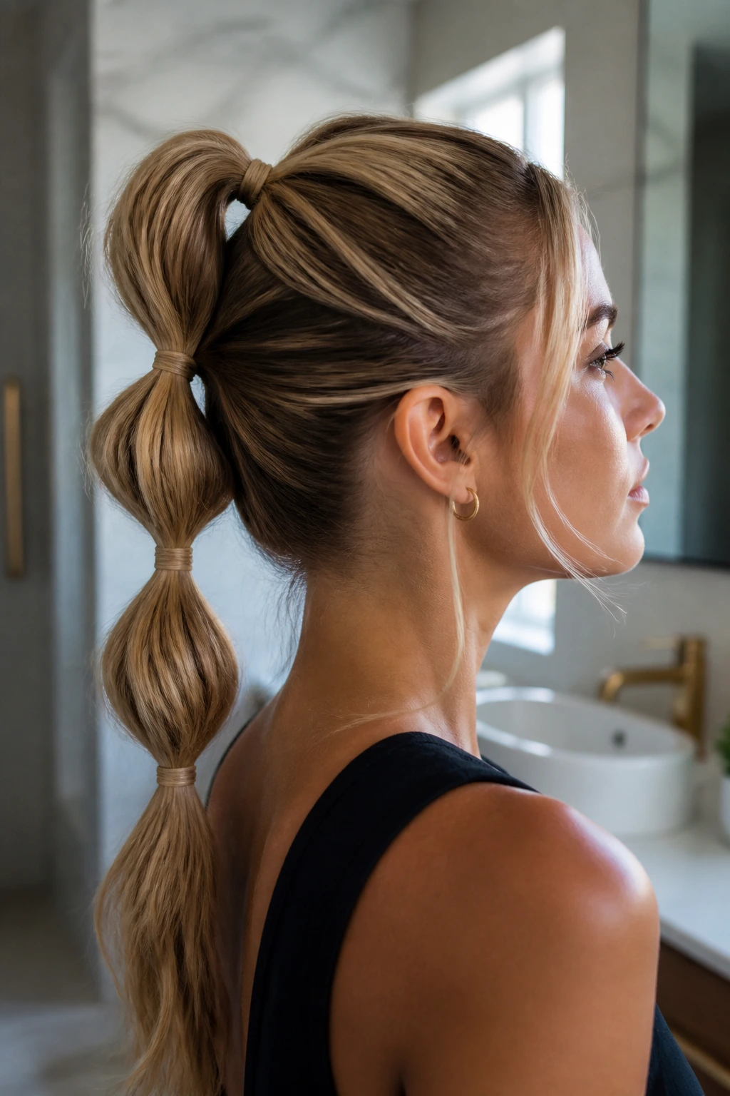 Profile view of a real person with a bubble ponytail showing wrap-around elastics to hide the bands.