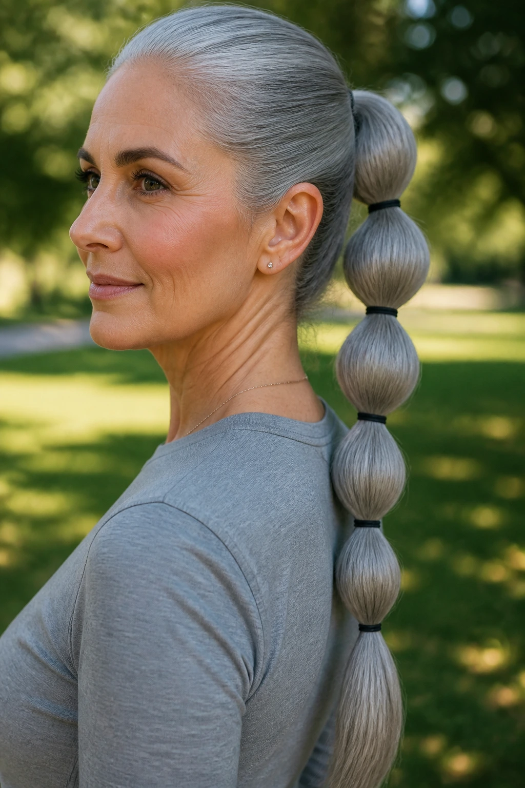 Close-up of a real person wearing a bubble ponytail with clearly segmented sections in gray hair