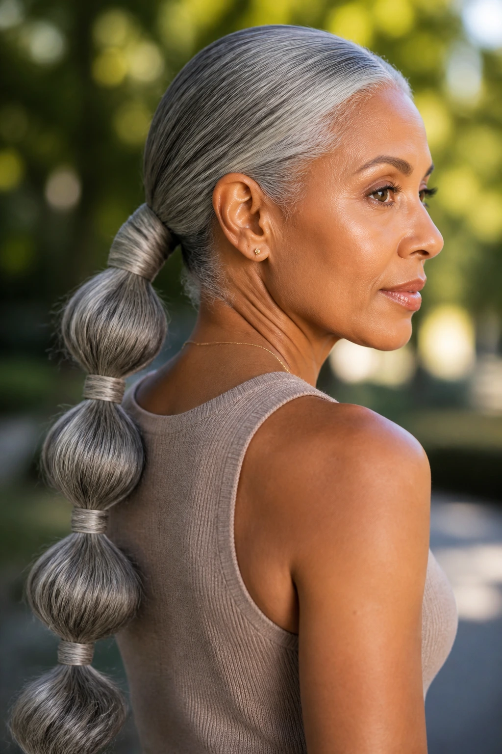 Close-up of a real woman with a low bubble ponytail and wrapped section, gray hair in an outdoor park setting