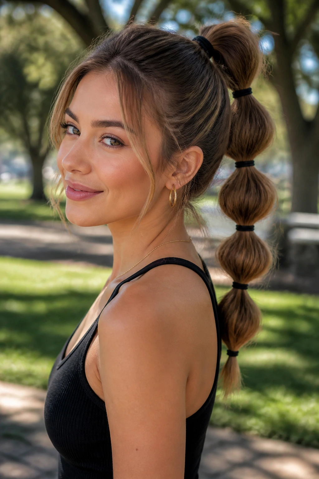Close-up of a real woman with a bubble ponytail showing multiple elastic bubbles