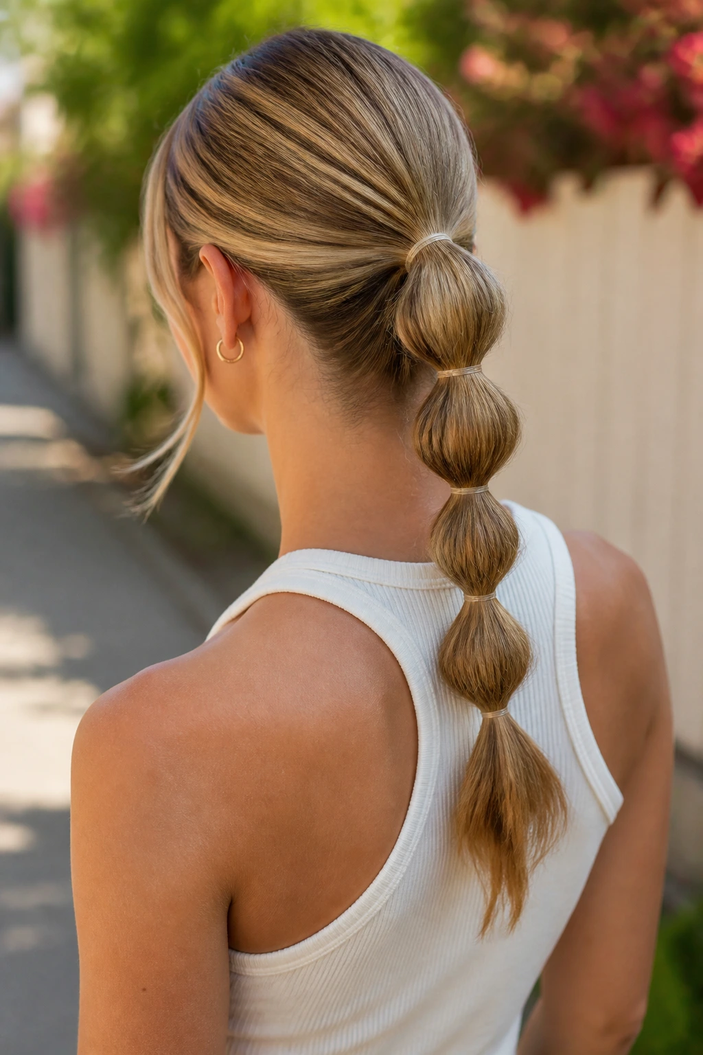 Back view of a woman with a bubble ponytail