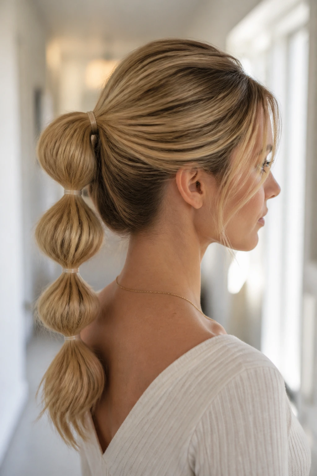 Portrait of a woman with a bubble ponytail showing segmented sections