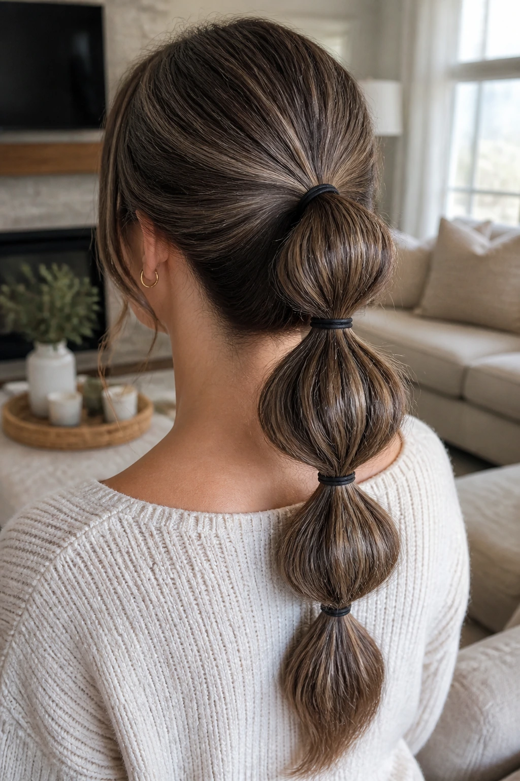 Back view of real woman with bubble ponytail and babylights highlighting the rounded sections.