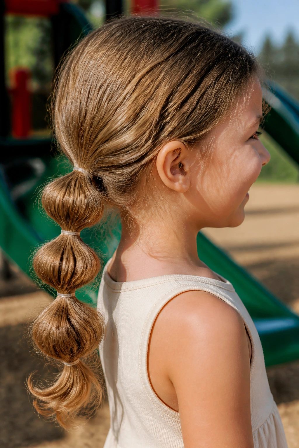 Close-up of a real child with a bubble ponytail and puffed sections