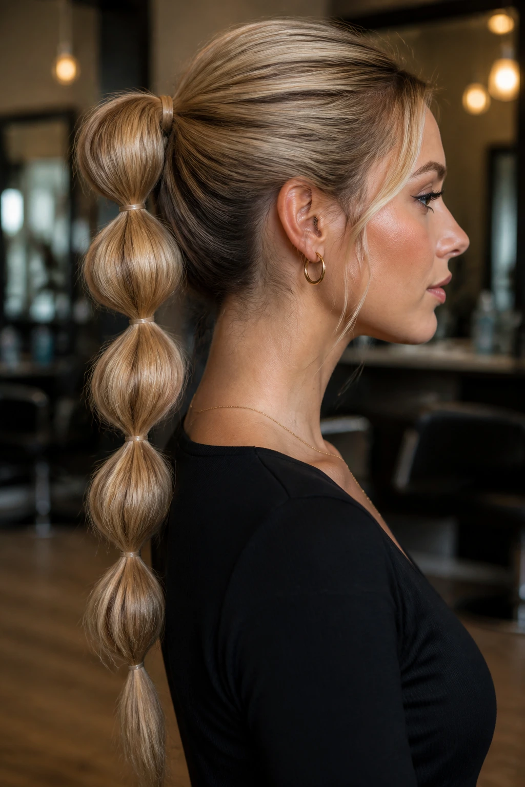 Side-profile close-up of a real woman with a bubble ponytail showing rounded segments along the length