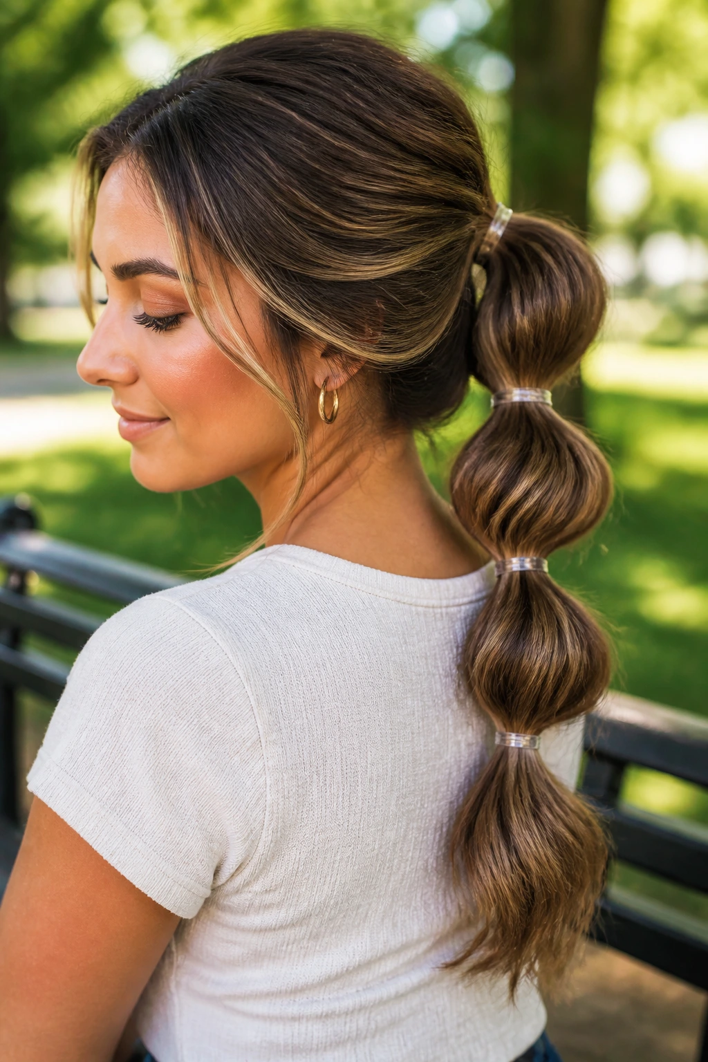 Portrait of a real woman wearing a bubble ponytail with visible elastic bubbles