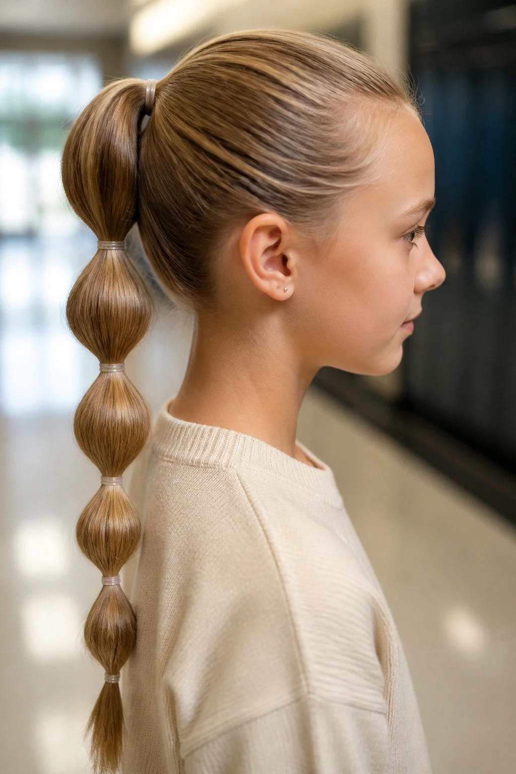 Profile view of a girl with a bubble ponytail showing segmented bubbles