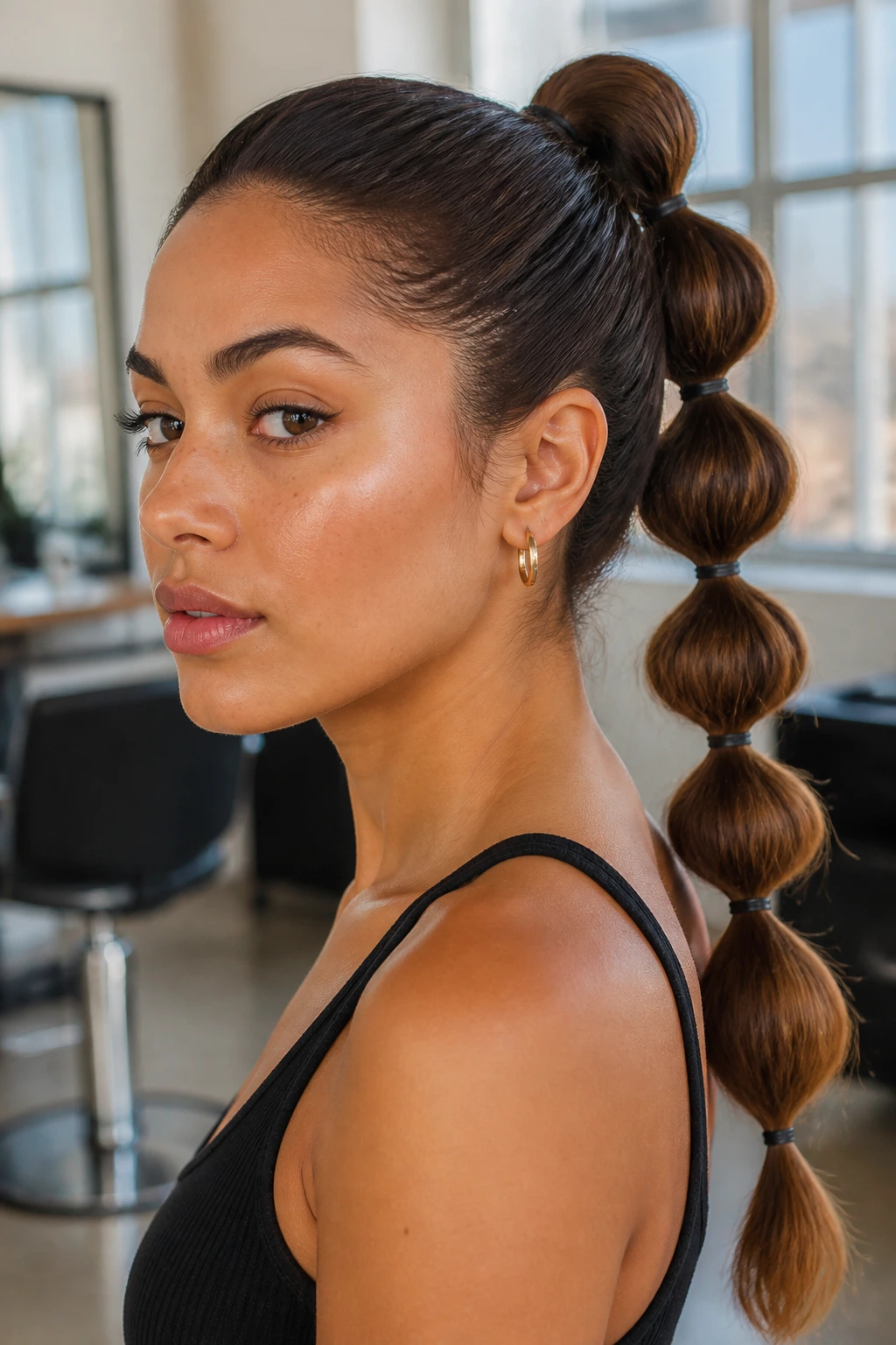 Portrait of a real person with a bubble ponytail, showing grip and bubble spacing for varied hair textures, in a bright salon.