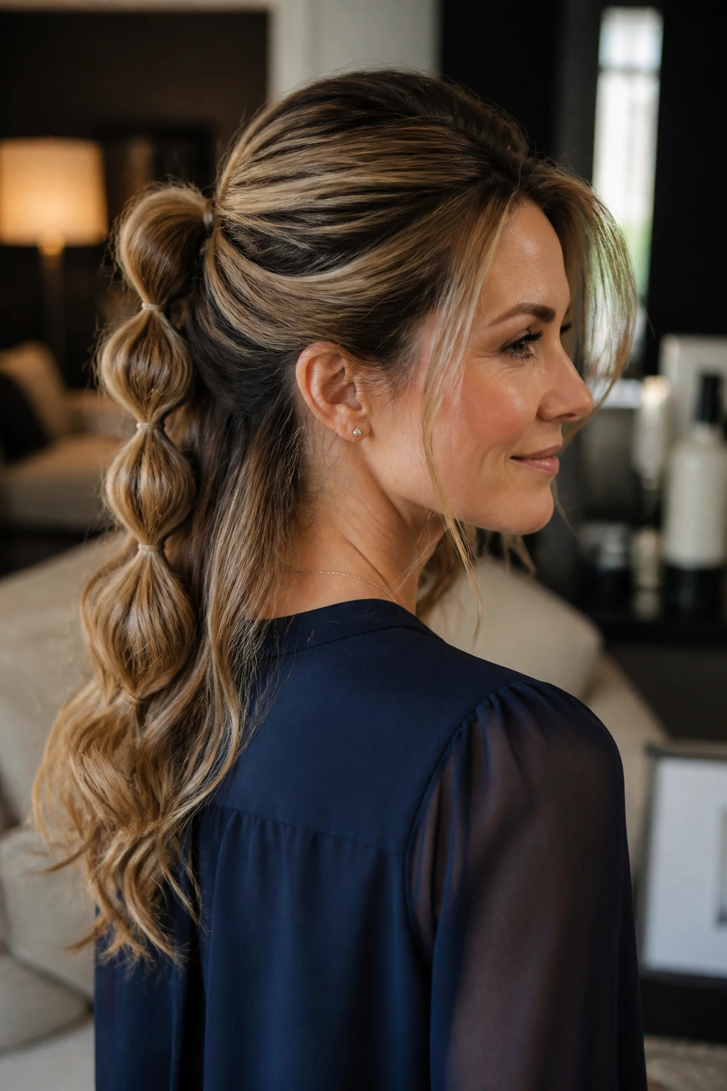 Portrait of a woman with bubble ponytail half-up hairstyle.