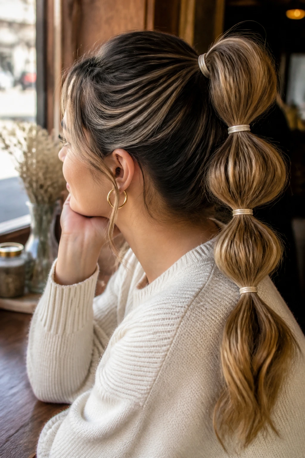 Close-up of a real person with a bubble ponytail and light babylights.