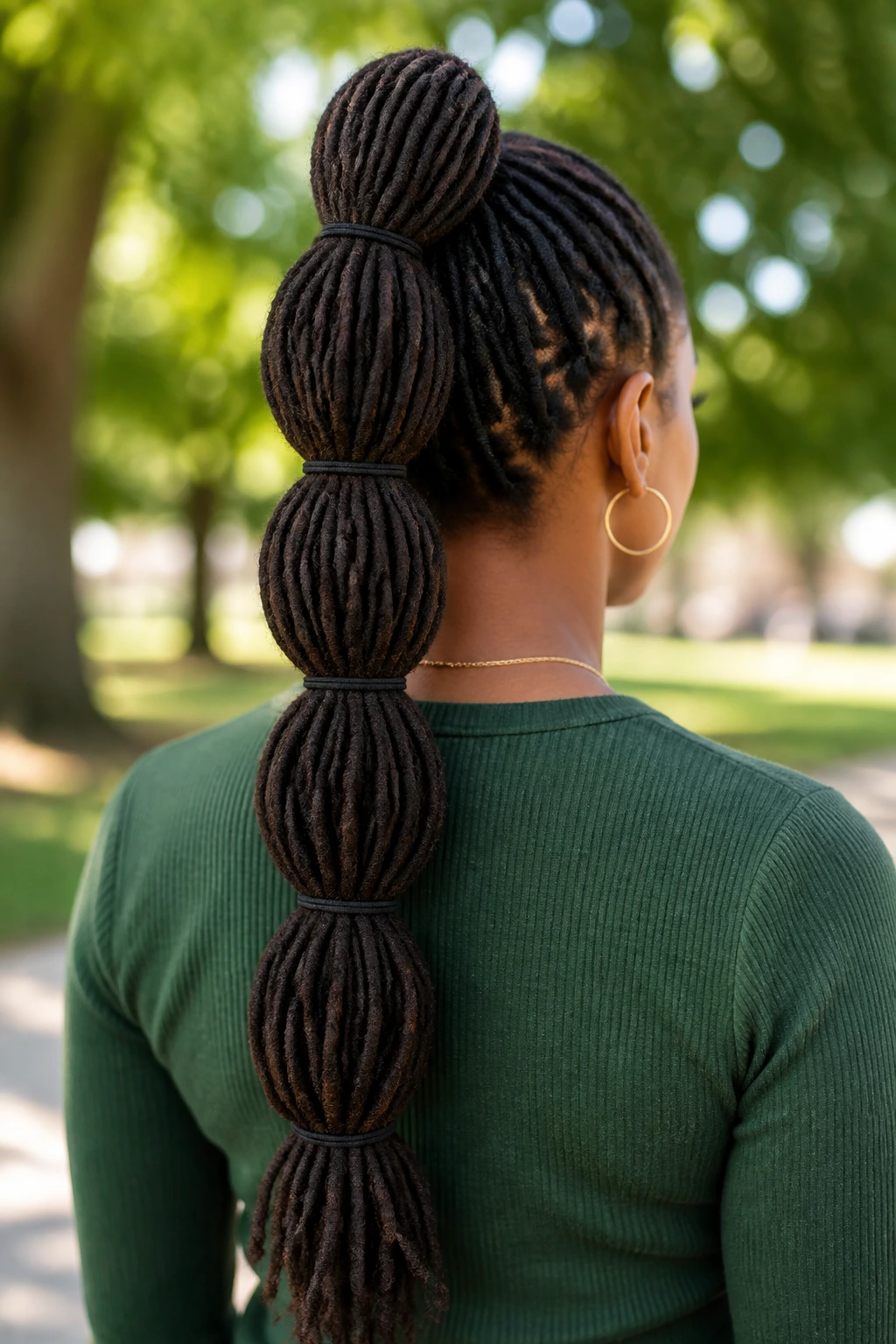 Back of head with bubble ponytail formed by even segments
