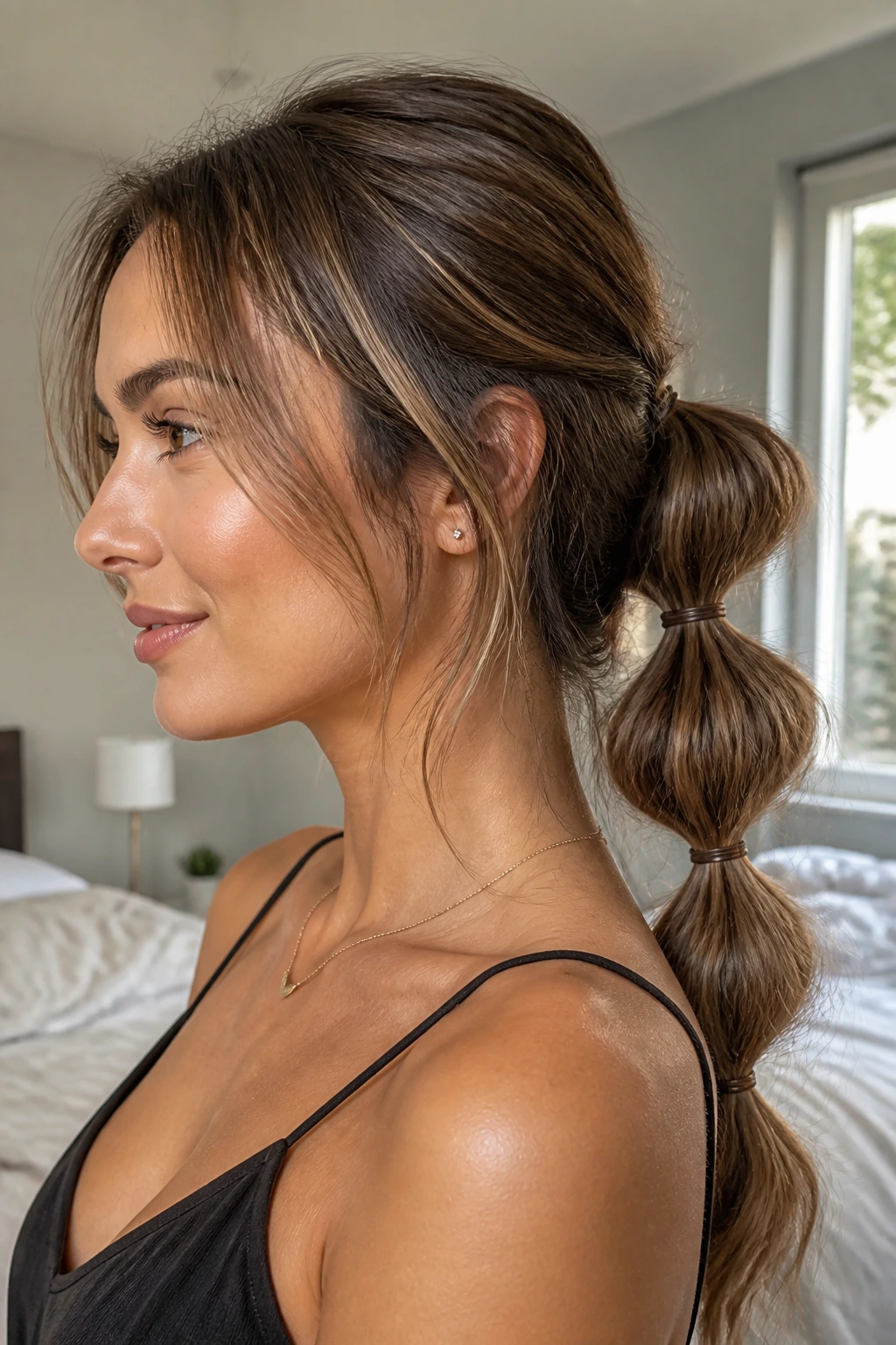 Portrait of a real woman with a bubble ponytail and loose face-framing layers.