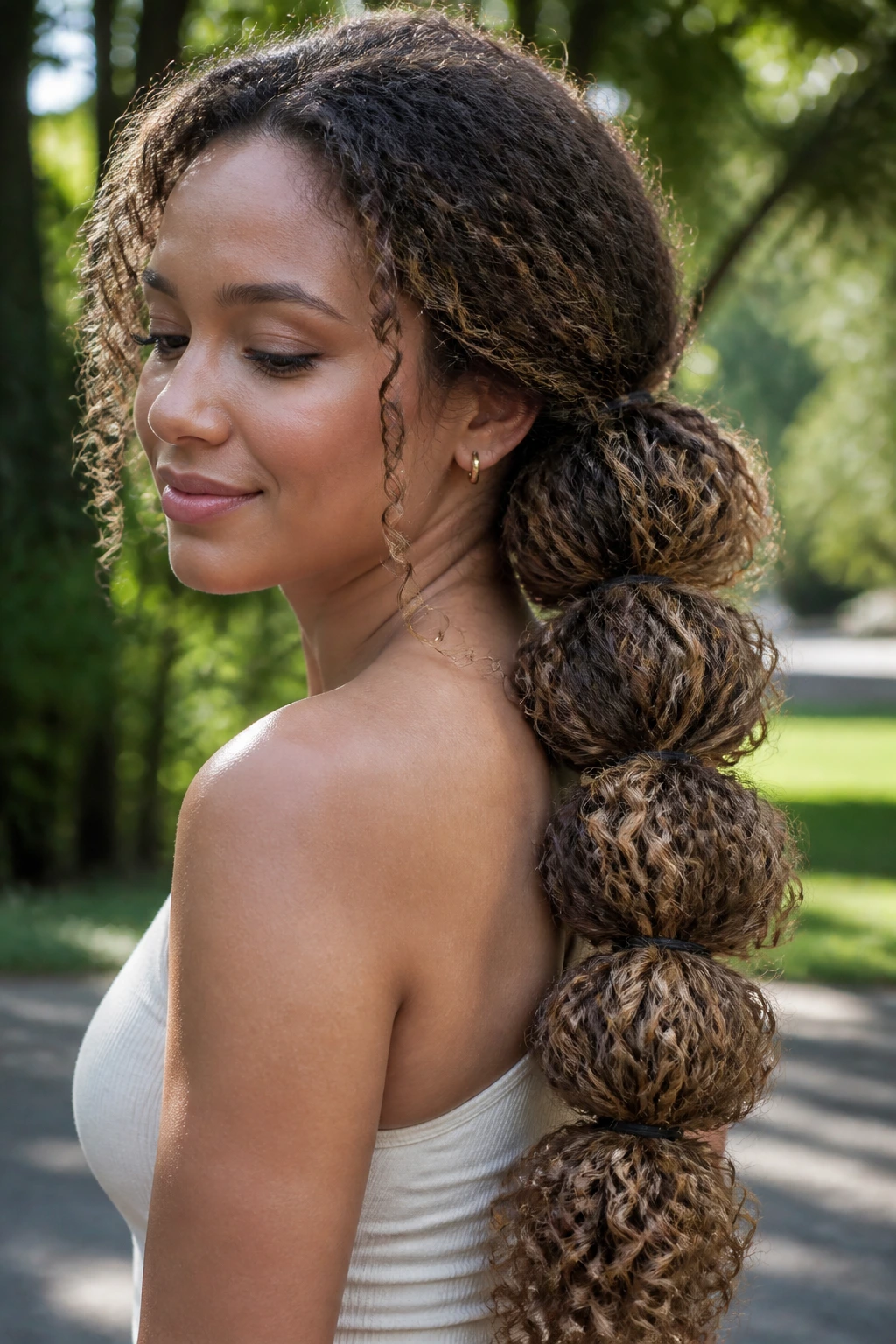 Close-up of a real woman with a curly bubble ponytail showing multiple bubbles
