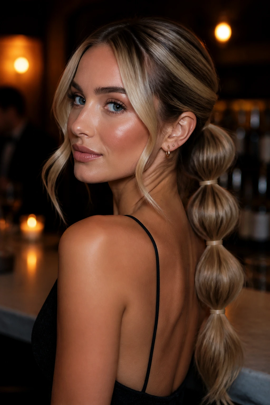 Close-up of a woman with a bubble low ponytail and money piece in a lounge.