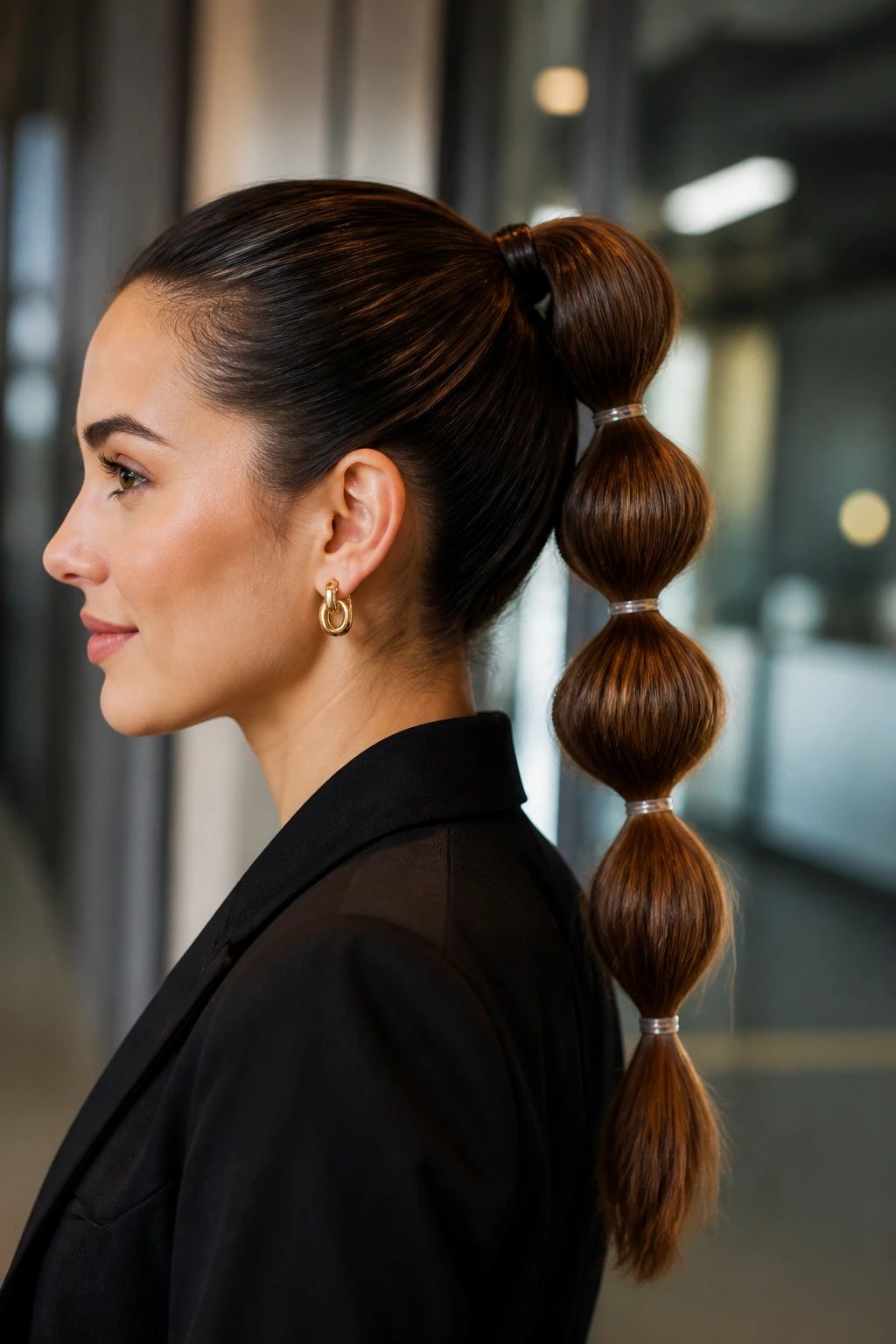 Close-up of a woman with a bubble ponytail and evenly spaced elastics in an office setting
