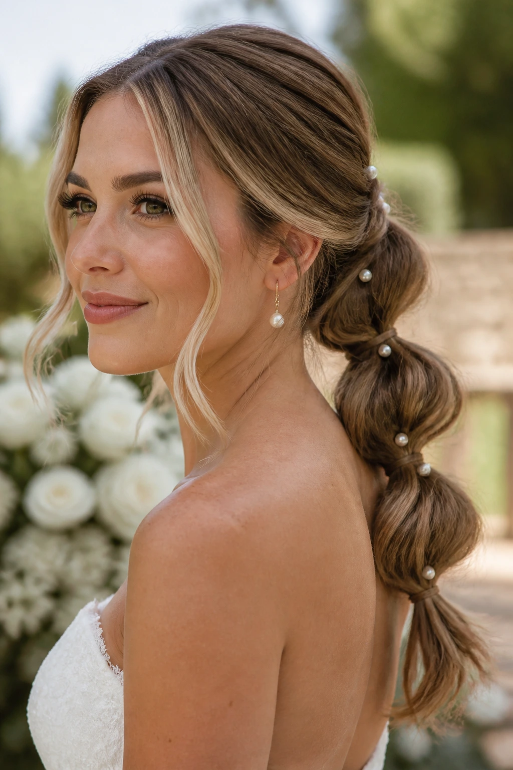 Close-up of Bubble Low Ponytail With Pearl Pins on a real bride with pearl accents