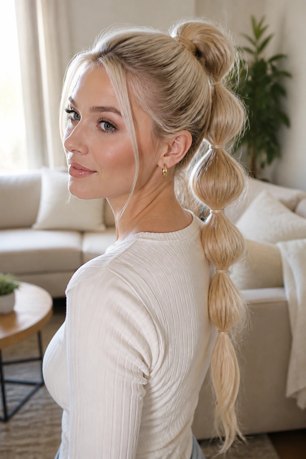 Portrait of a real woman with a bubble ponytail in platinum blonde with segmented sections.