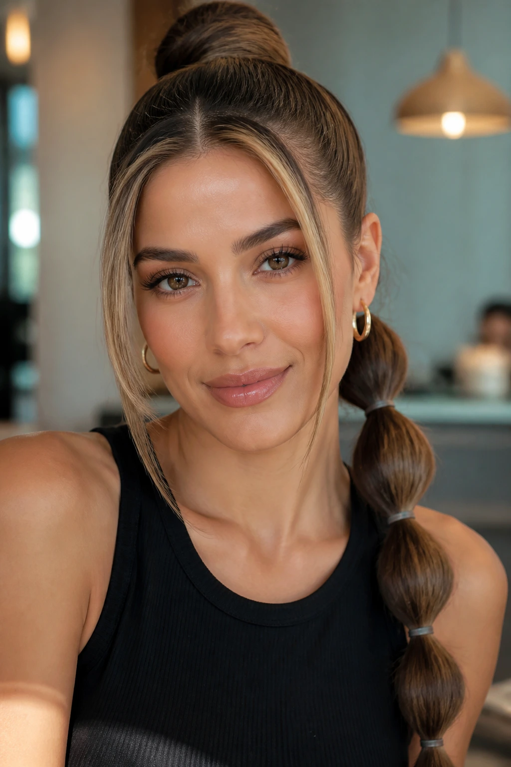 Close-up of a real woman with a bubble ponytail featuring polished sections.