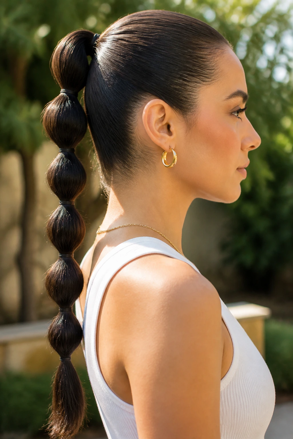 Side view of a real woman with a bubble ponytail and tight sections outdoors