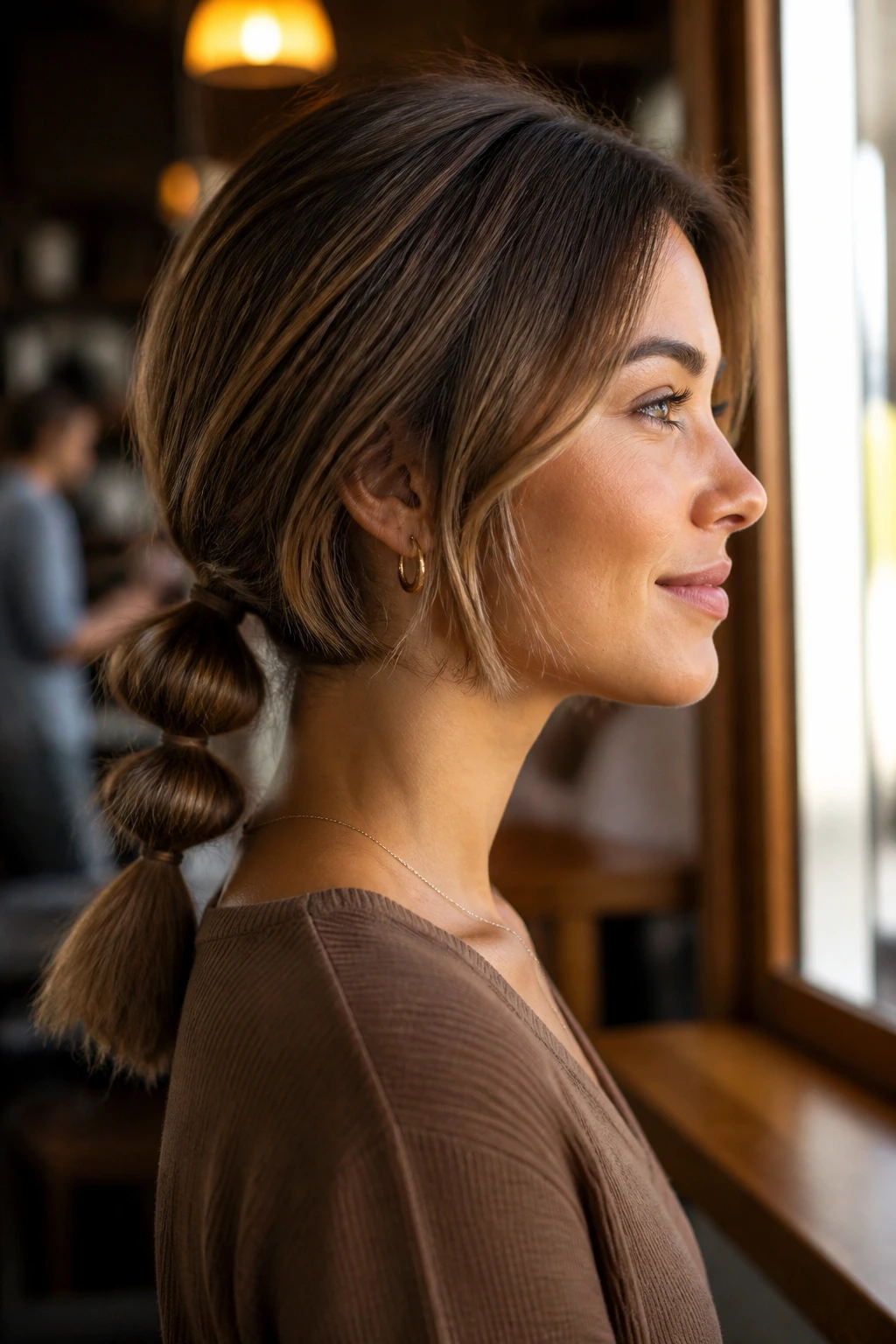 Close-up portrait of a real person with a chin-length bubble ponytail.