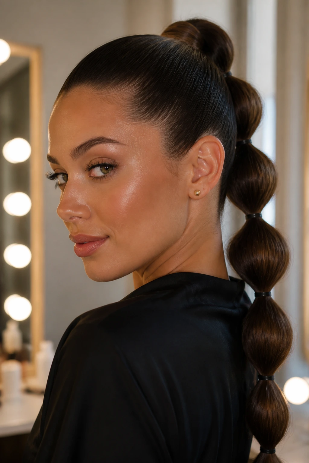 Close-up portrait of a real woman with a bubble ponytail and clearly segmented bubbles