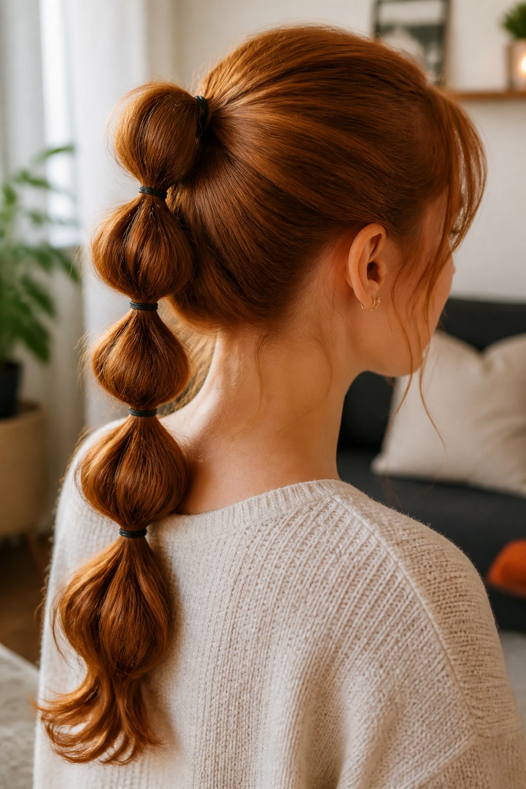 Close-up of a real woman with a bubble ponytail on red hair, elastic bubbles along the ponytail