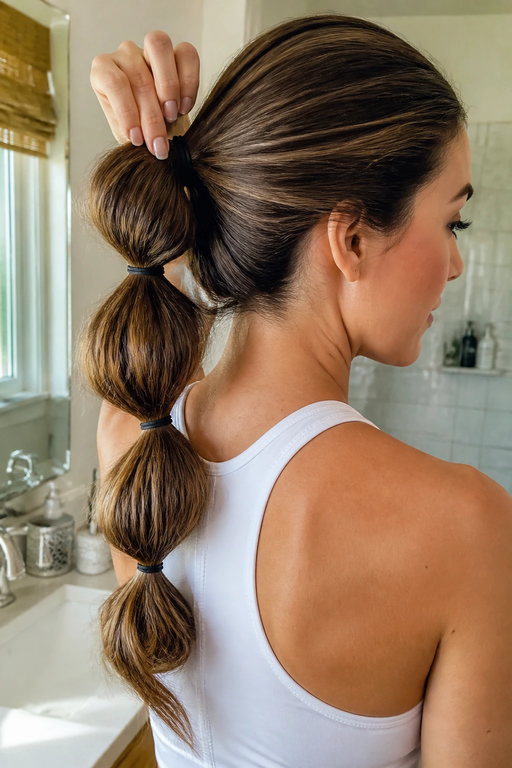 Portrait of a real person refreshing a bubble ponytail with a gentle lift in a bathroom vanity.